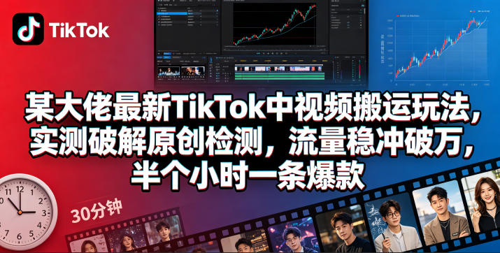 某大佬最新TikTok中视频搬运玩法，实测破解原创检测，流量稳冲破万，半个小时一条爆款-才疏云网创