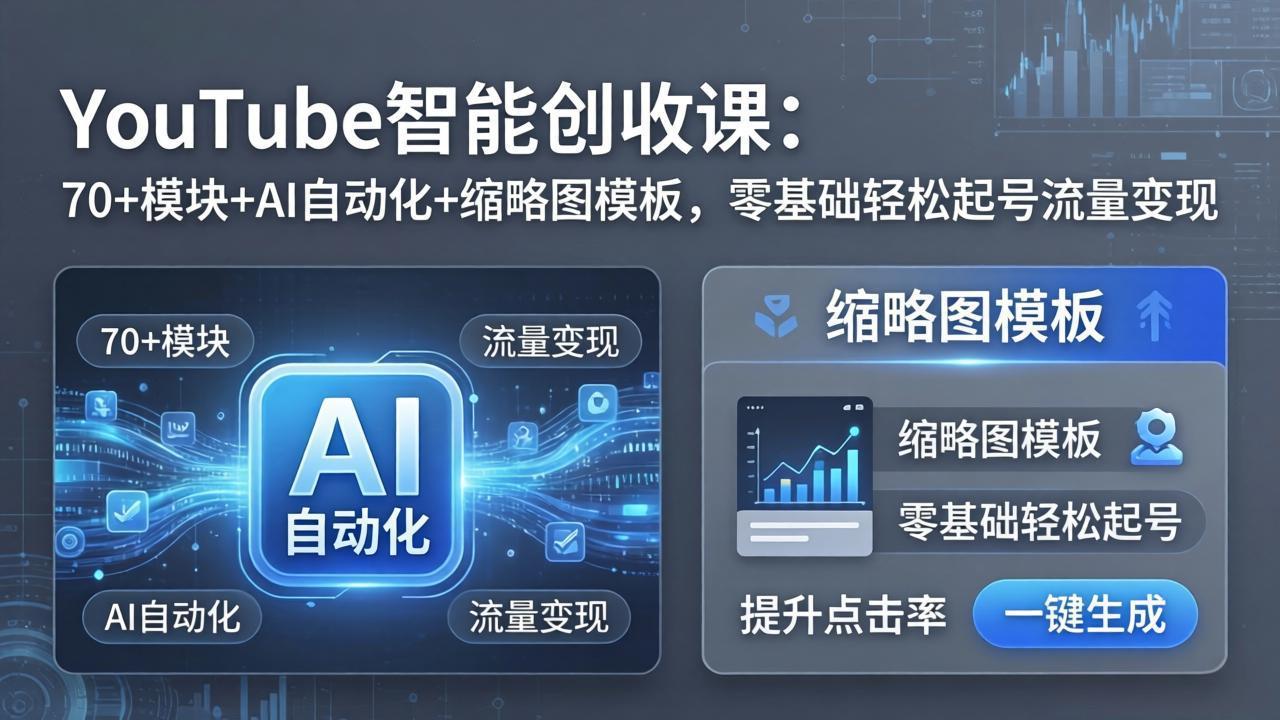 YouTube智能创收课：70+模块+AI自动化+缩略图模板，零基础轻松起号流量变现-才疏云网创
