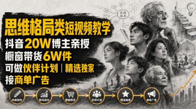 人性思维格局类短视频教学,抖音20W博主亲授,橱窗带货6W件,可做伙伴计划、精选独家、接商单广告-才疏云网创