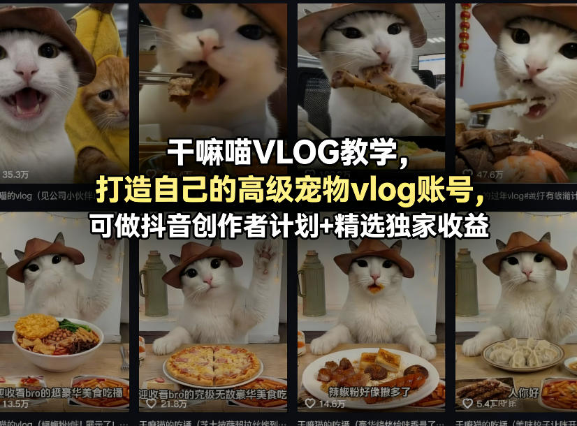 干嘛喵VLOG教学，打造自己的高级宠物vlog账号，可做抖音创作者计划+精选独家收益-才疏云网创