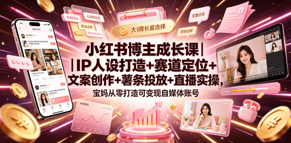 小红书博主成长课|IP人设打造+赛道定位+文案创作+薯条投放+直播实操,宝妈从零打造可变现自媒体账号-才疏云网创