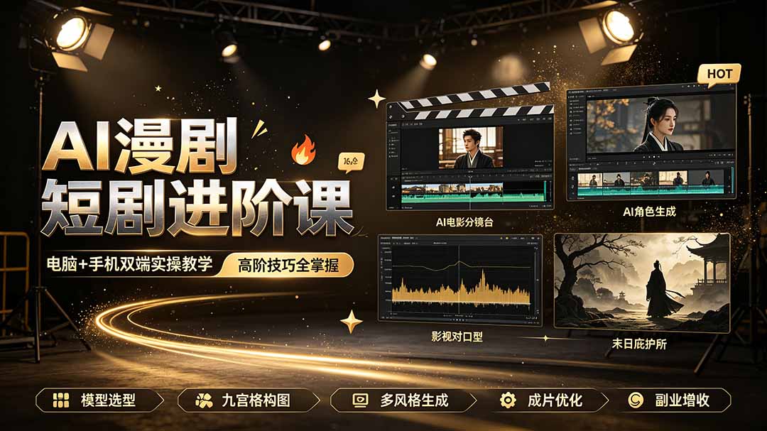 AI漫剧短剧进阶课｜电脑+手机双端实操教学｜影视剧对口型人物吃瓜×解压末日庇护所全程讲解，高阶技巧全掌握-才疏云网创