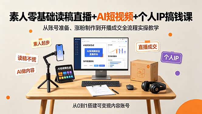 素人零基础读稿直播+AI短视频+个人IP搞钱课，从账号准备、涨粉制作到开播成交全流程实操教学-才疏云网创