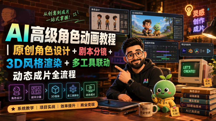 AI高级角色动画教程｜原创角色设计+剧本分镜+3D风格渲染+多工具联动动态成片全流程【中英字幕】-才疏云网创