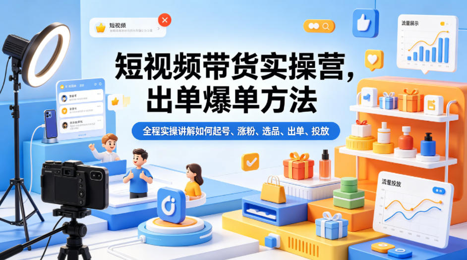 短视频带货实操营，出单爆单方法，全程实操讲解如何起号、涨粉、选品、出单、投放-才疏云网创