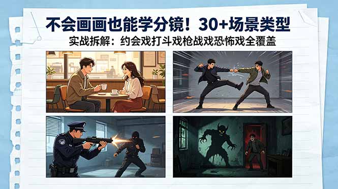 不会画画也能学分镜！30+场景类型实战拆解：约会戏打斗戏枪战戏恐怖戏全覆盖-才疏云网创