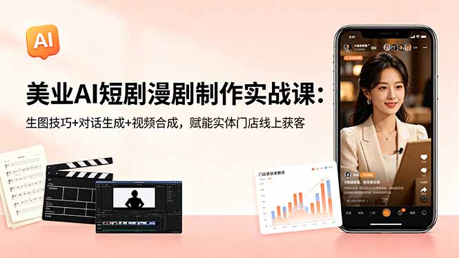 美业AI短剧漫剧制作实战课:生图技巧+对话生成+视频合成,赋能实体门店线上获客-才疏云网创