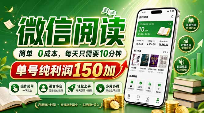 最新微信阅读,每日10分钟,单号利润150+,可批量放大操作,简单0成本-才疏云网创