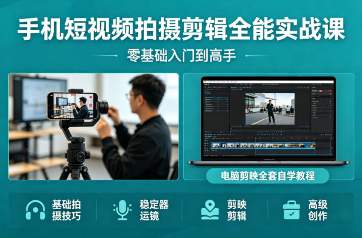 手机短视频拍摄剪辑全能实战课：零基础入门到高手，稳定器运镜+电脑剪映全套自学教程-才疏云网创