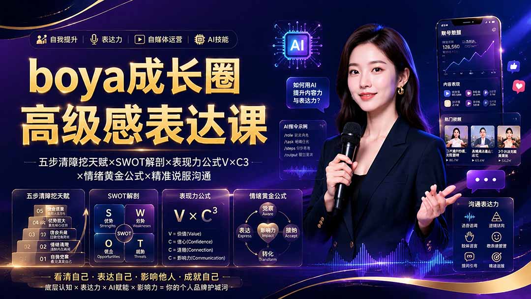 boya成长圈｜内心成长高级表达AI自媒体三合一，消解内耗挖掘天赋，镜头沟通AI指令短视频全流程教学-才疏云网创