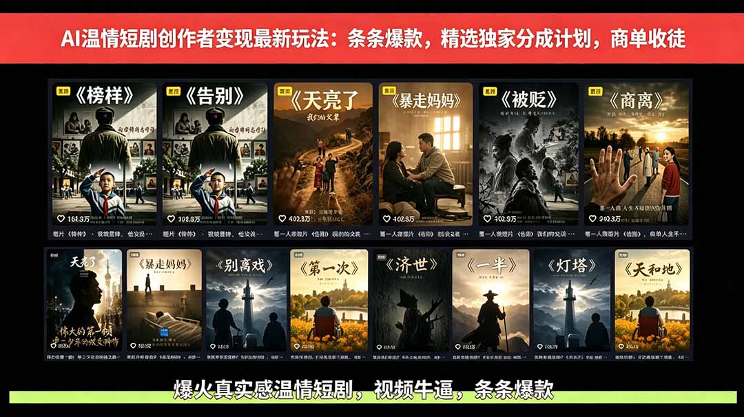 AI温情短剧创作者变现最新玩法：视频牛逼，条条爆款，精选独家分成计划，商单收徒-才疏云网创