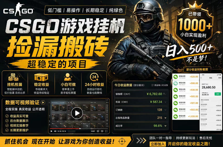 CSGO游戏搬砖，全自动挂G，不需要玩游戏，手机操作日入300+，解放双手【揭秘】-才疏云网创