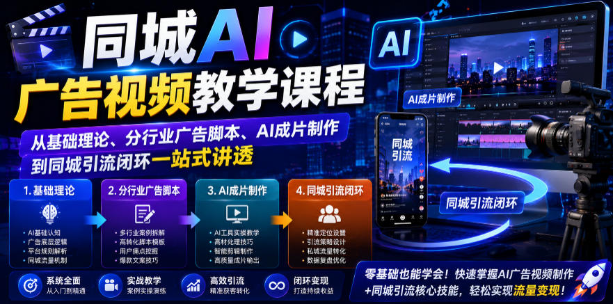 同城AI广告视频教学课程，从基础理论、分行业广告脚本、AI成片制作到同城引流闭环一站式讲透-才疏云网创