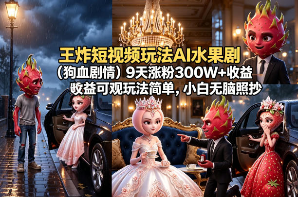 王炸短视频玩法AI水果剧(狗血剧情)9天涨粉300W+收益可观玩法简单，小白无脑照抄，详细拆解玩法-才疏云网创