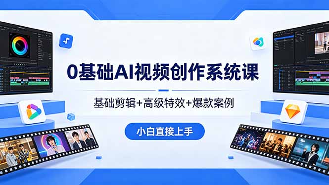 0基础AI视频创作系统课,基础剪辑+高级特效+爆款案例,小白直接上手-才疏云网创