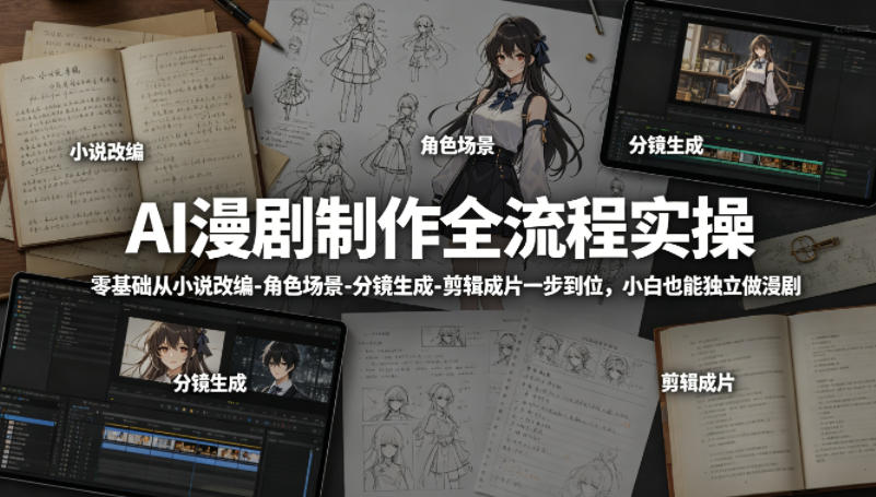 AI漫剧制作全流程实操，零基础从小说改编-角色场景-分镜生成-剪辑成片一步到位，小白也能独立做漫剧-才疏云网创