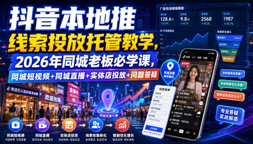 抖音本地推线索投放托管教学，2026年同城老板必学课，同城短视频+同城直播+实体店投放+问题答疑-才疏云网创