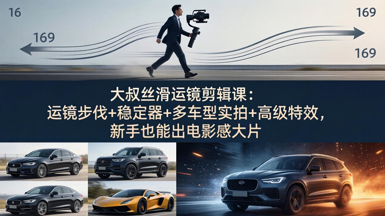 大叔丝滑运镜剪辑课：运镜步伐+稳定器+多车型实拍+高级特效，新手也能出电影感大片-才疏云网创