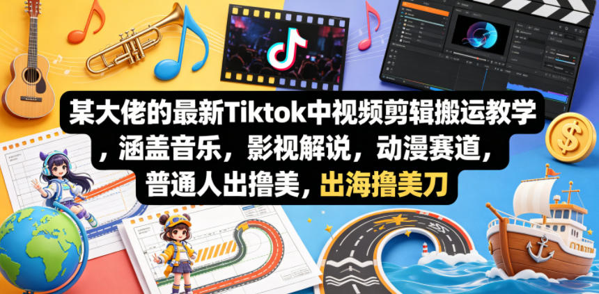 某大佬的最新Tiktok中视频剪辑搬运教学，涵盖音乐，影视解说，动漫赛道，普通人出海撸美刀-才疏云网创