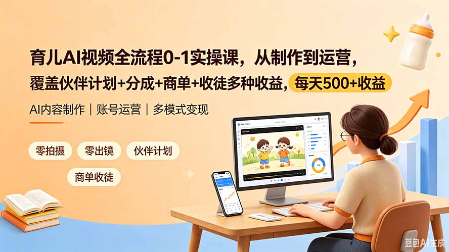 育儿AI视频全流程0-1实操课，从制作到运营，覆盖伙伴计划+分成+商单+收徒多种收益，每天500+收益-才疏云网创