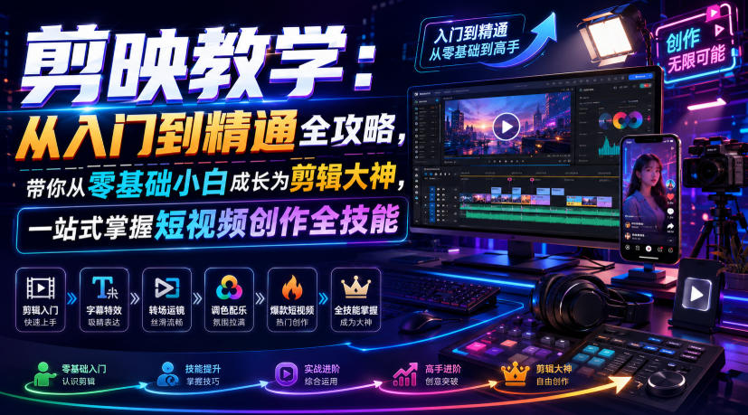 剪映教学：从入门到精通全攻略，带你从零基础小白成长为剪辑大神，一站式掌握短视频创作全技能-才疏云网创