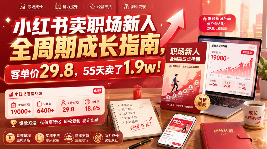 小红书卖职场新人全周期成长指南,客单价29.8,55天卖了1.9w!-才疏云网创