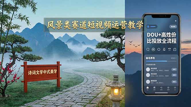 风景类赛道短视频运营教学：诗词文学中式美学，新号养号对标账号定位，DOU+高性价比投放全流程-才疏云网创