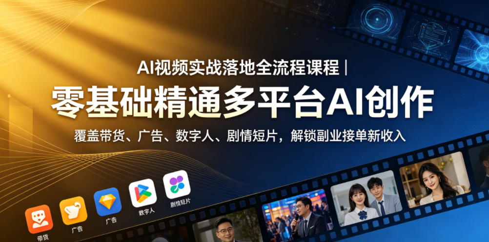 AI视频实战落地全流程课程｜零基础精通多平台AI创作，覆盖带货、广告、数字人、剧情短片，解锁副业接单新收入-才疏云网创