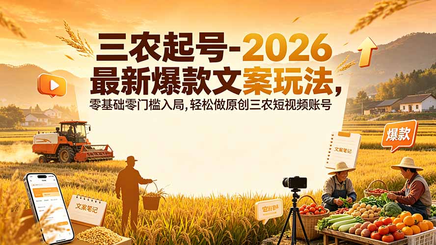 三农起号-2026 最新爆款文案玩法,零基础零门槛入局,轻松做原创三农短视频账号-才疏云网创