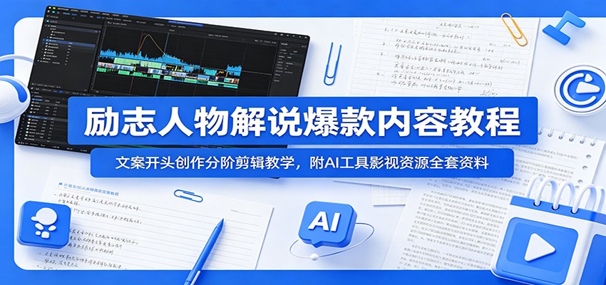 励志人物解说爆款内容教程：文案开头创作分阶剪辑教学，附AI 工具影视资源全套资料-才疏云网创