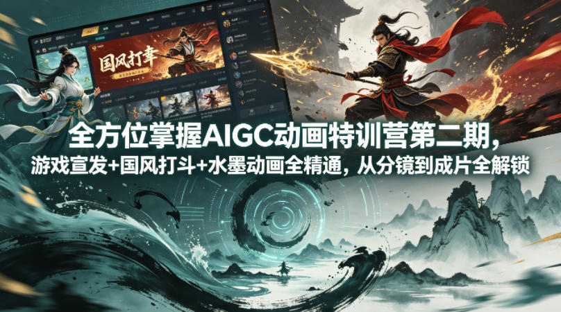 全方位掌握AIGC动画特训营第二期,游戏宣发+国风打斗+水墨动画全精通,从分镜到成片全解锁-才疏云网创