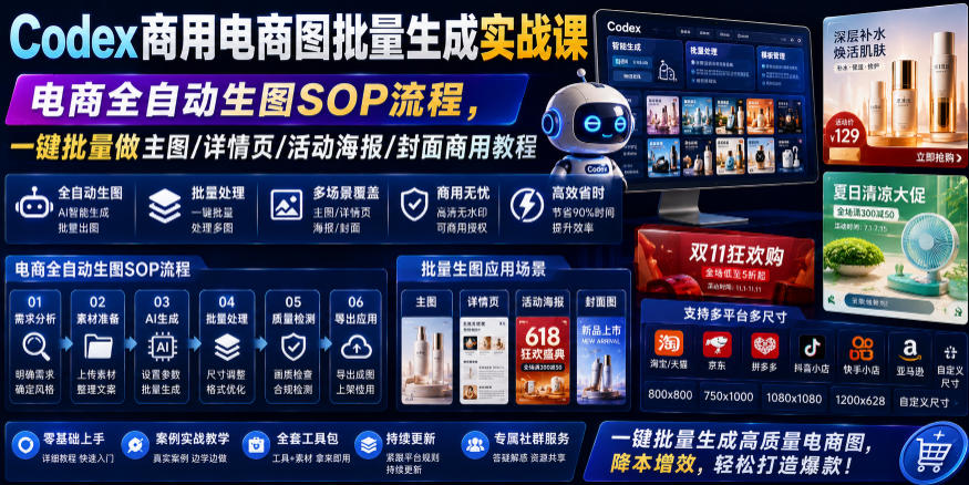 Codex商用电商图批量生成实战课｜电商全自动生图SOP流程，一键批量做主图/详情页/活动海报/封面商用教程-才疏云网创