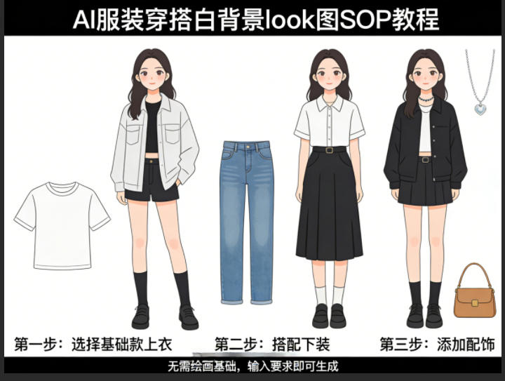AI服装穿搭白背景look图SOP教程，不用会画画，提几句具体要求，AI就能还你一个奇迹-才疏云网创