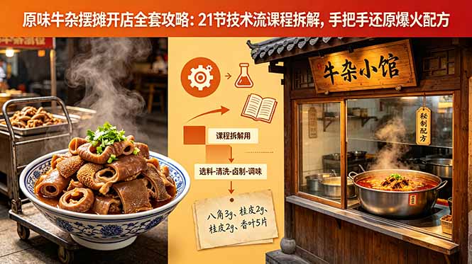 原味牛杂摆摊开店全套攻略：21节技术流课程拆解，手把手还原爆火配方-才疏云网创