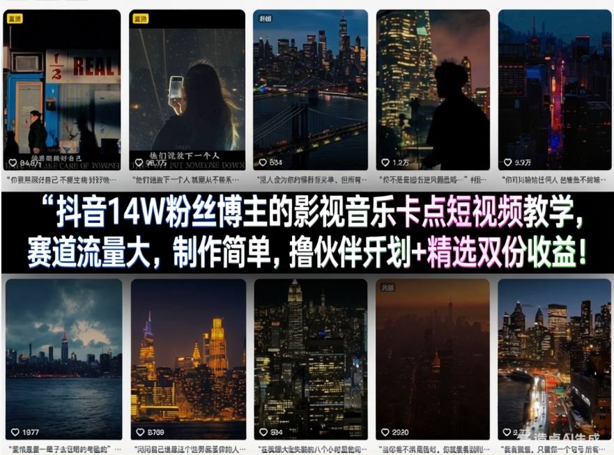 抖音14W粉丝博主的影视音乐卡点短视频教学，赛道流量大，制作简单，撸伙伴计划+精选双份收益！-才疏云网创