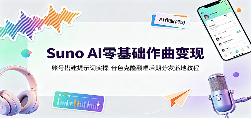 Suno AI零基础作曲变现：账号搭建提示词实操，音色克隆翻唱后期分发落地教程-才疏云网创