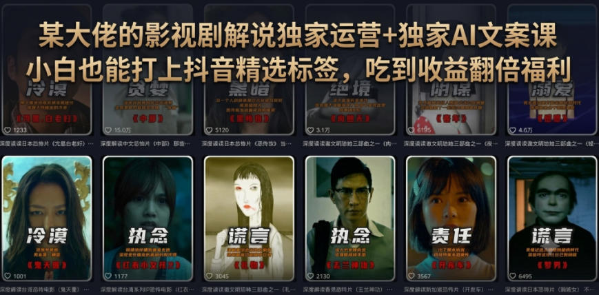 某大佬的影视剧解说独家运营+独家AI文案课，小白0粉丝也能快速打上抖音精选标签、吃到收益翻倍福利-才疏云网创