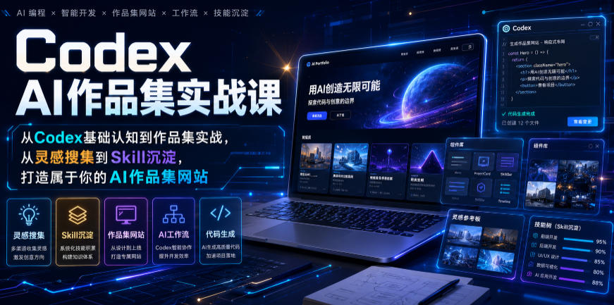 Codex AI作品集实战课,从Codex基础认知到作品集实战,从灵感搜集到Skill沉淀,打造属于你的AI作品集网站-才疏云网创
