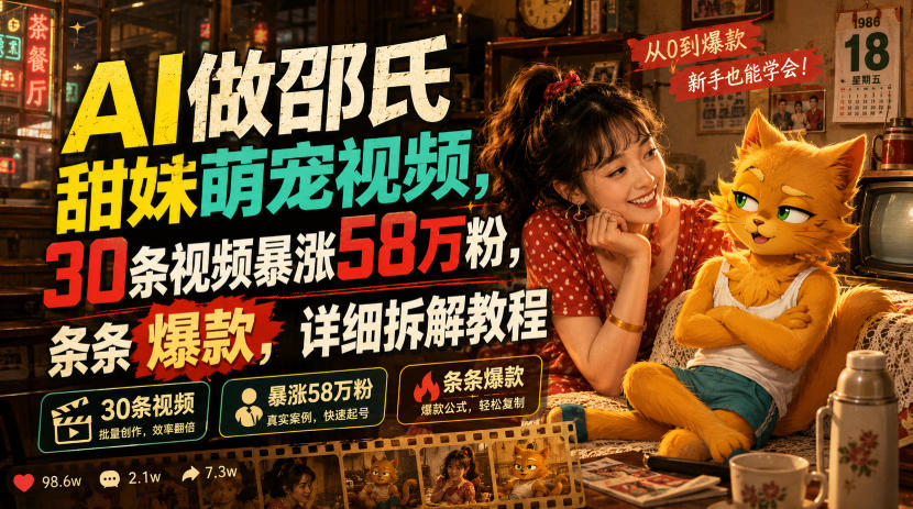 AI做邵氏甜妹萌宠视频，30条视频暴涨58万粉，条条爆款，详细拆解教程-才疏云网创