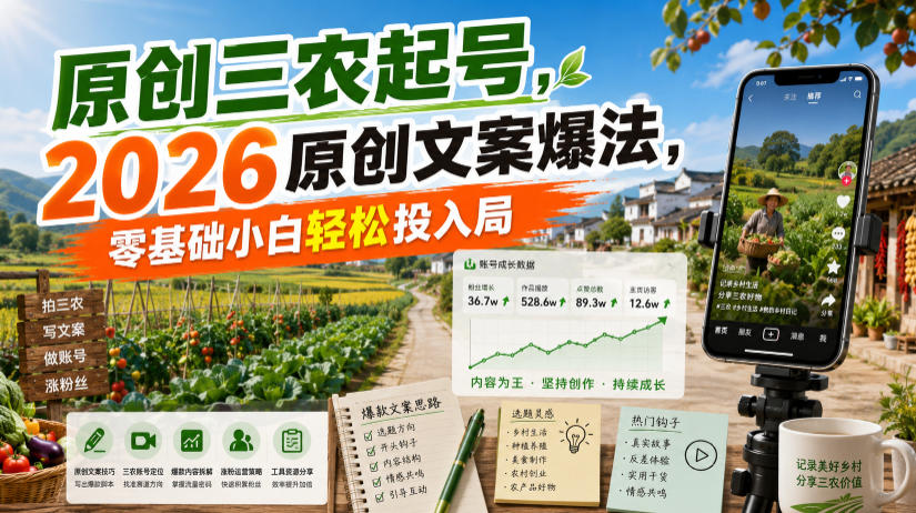 原创三农起号,2026原创文案爆法,零基础小白轻松投入局-才疏云网创