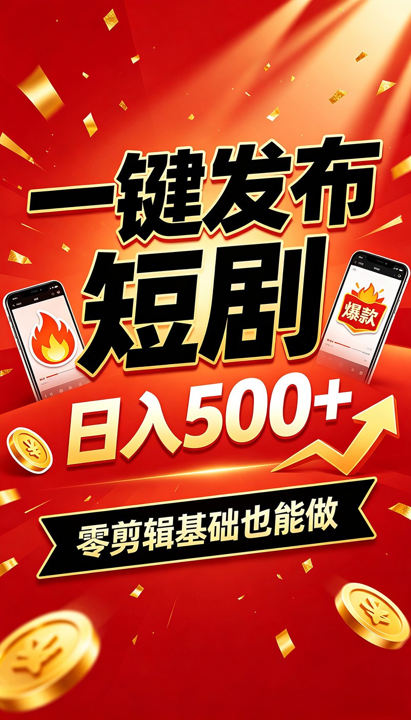 快手短剧一键发布，不用剪辑操作简单，副业日入500+。空闲时间轻松赚收益-才疏云网创
