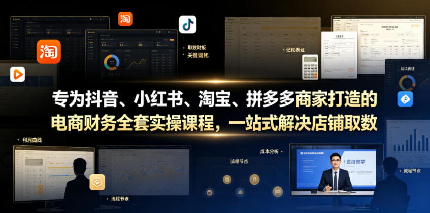 专为抖音、小红书、淘宝、拼多多商家打造的电商财务全套实操课程，一站式解决店铺取数、记账、报税全流程难题-才疏云网创