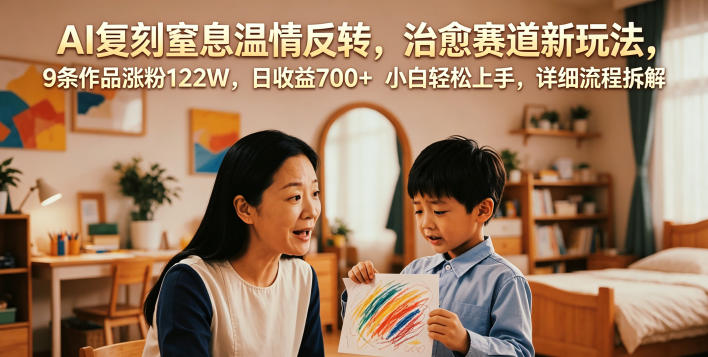 AI复刻窒息温情反转，治愈赛道新玩法，9条作品涨粉122W，日收益700+ 小白轻松上手，详细流程拆解-才疏云网创