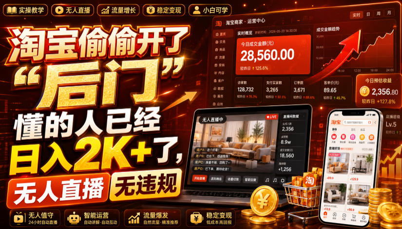 淘宝偷偷开了“后门”，懂的人已经日入2K+了，无人直播无违规，一台电脑=一家24小时营业的线上门店【揭秘】-才疏云网创