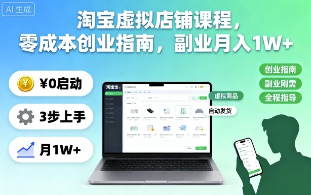 淘宝虚拟店铺课程，零成本创业指南，副业月入1W+-才疏云网创