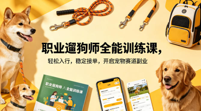 职业遛狗师全能训练课，轻松入行，稳定接单，开启宠物赛道副业-才疏云网创
