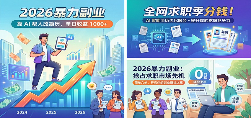 2026暴力副业:靠AI帮人改简历,单日收益1000+,全网求职季分钱-才疏云网创