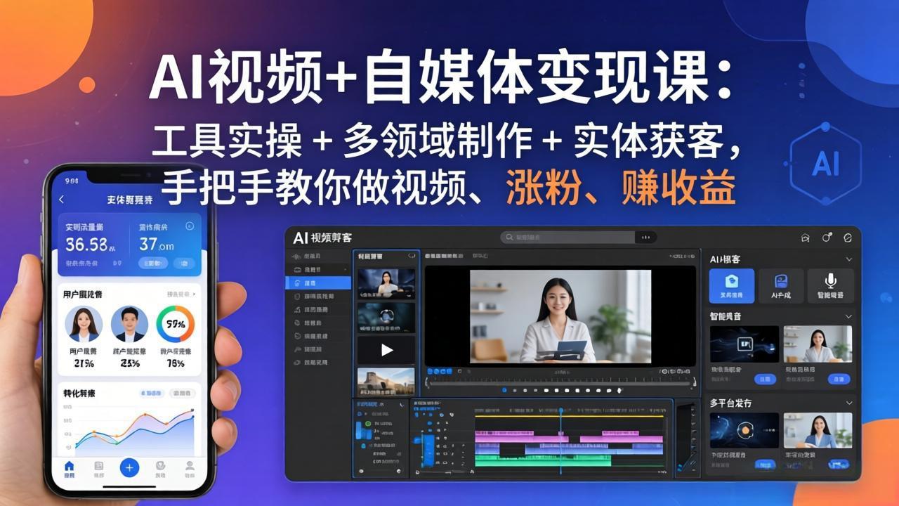 AI视频+自媒体变现课：工具实操 + 多领域制作 + 实体获客，手把手教你做视频、涨粉、赚收益-才疏云网创