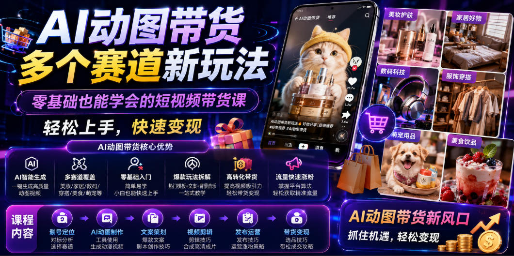 AI动图带货多个赛道新玩法,零基础也能学会的短视频带货课,轻松上手,快速变现-才疏云网创