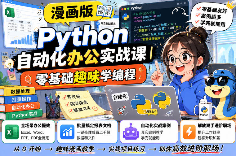 漫画版Python自动化办公实战课｜零基础趣味学编程，全场景办公提效、批量搞定报表文档、解放双手进阶职场-才疏云网创